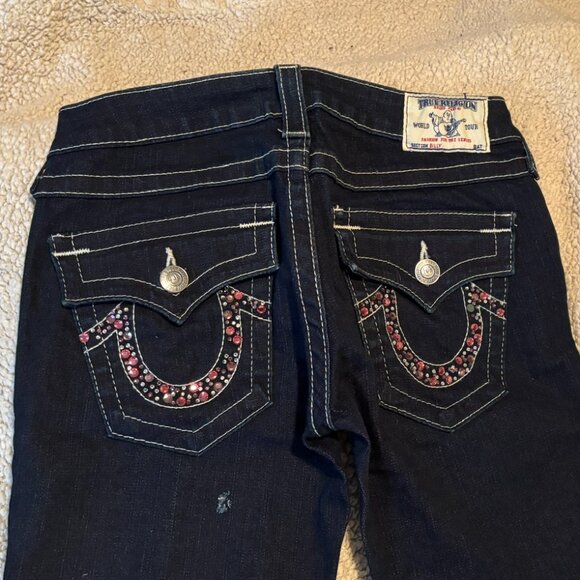 True Religion Size 27 Dark Wash Billy Straight Leg Jeans White Stitching - Picture 1 of 8